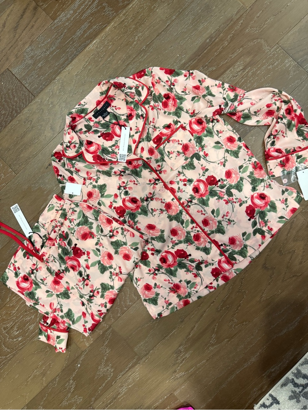 Sanctuary Pink Rose-Print Pajama Shirt with Red Piping Ultra Soft Fabric